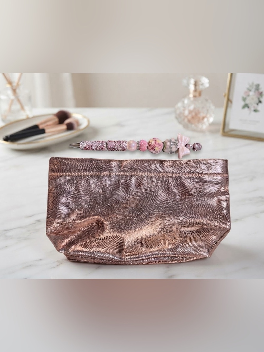 Rose Gold Metallic Makeup Pouch & Custom Rhinestone Beaded Pen Gift Set